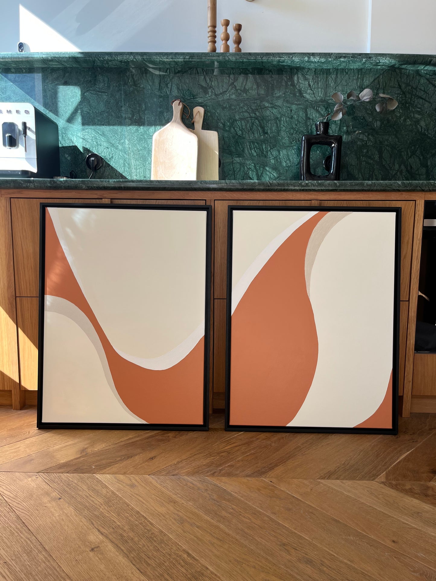 DUO ESPELETTE tableaux courbes minimalistes terra cota, crème et beige lin