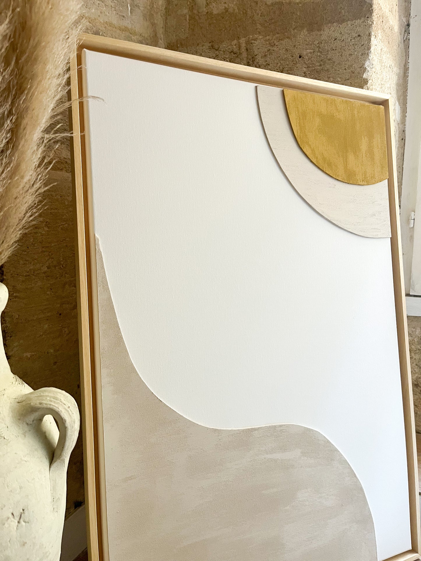 POSITANO - tableau relief minimaliste jaune moutarde, blanc, beige lin