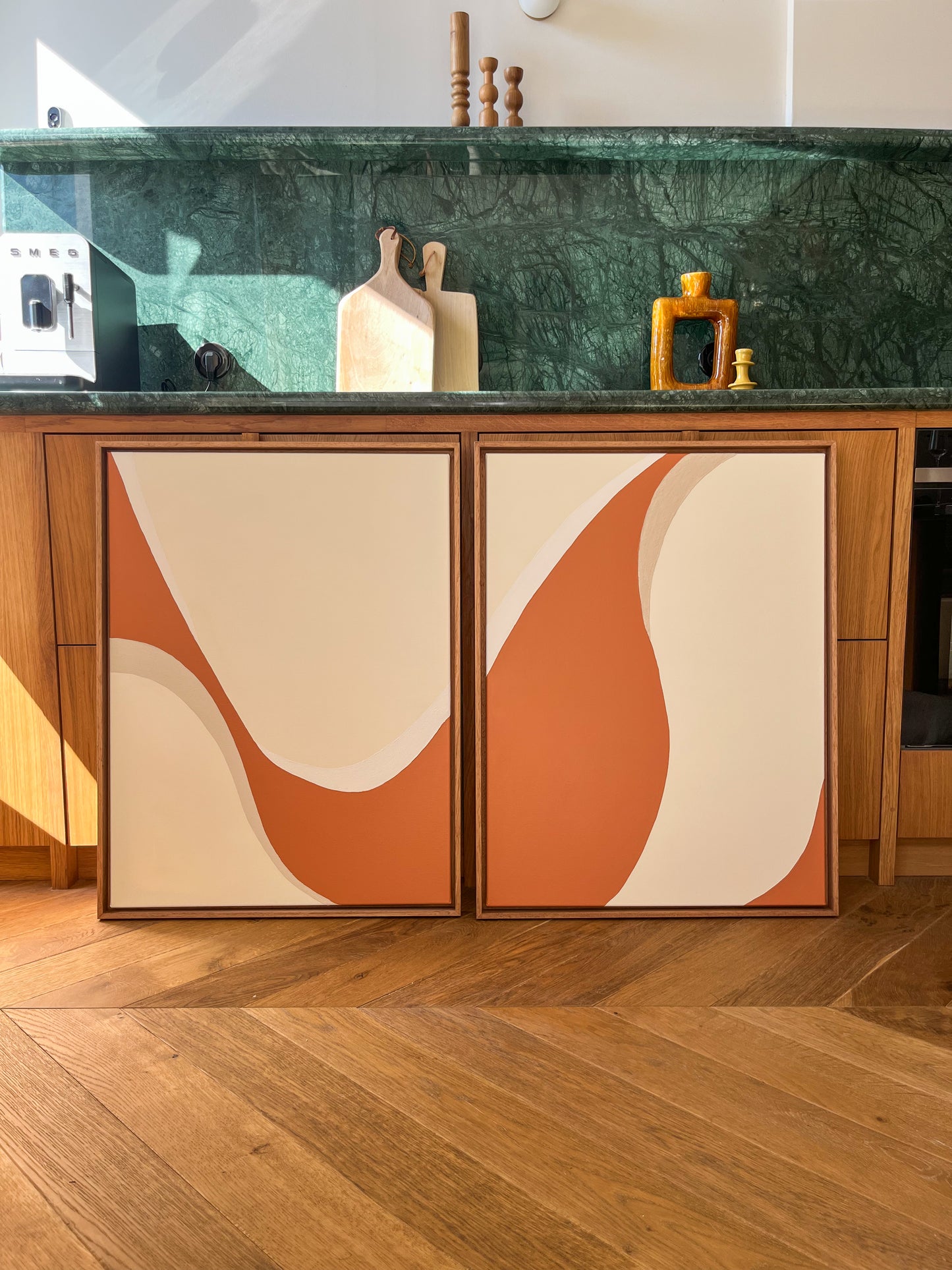 DUO ESPELETTE tableaux courbes minimalistes terra cota, crème et beige lin