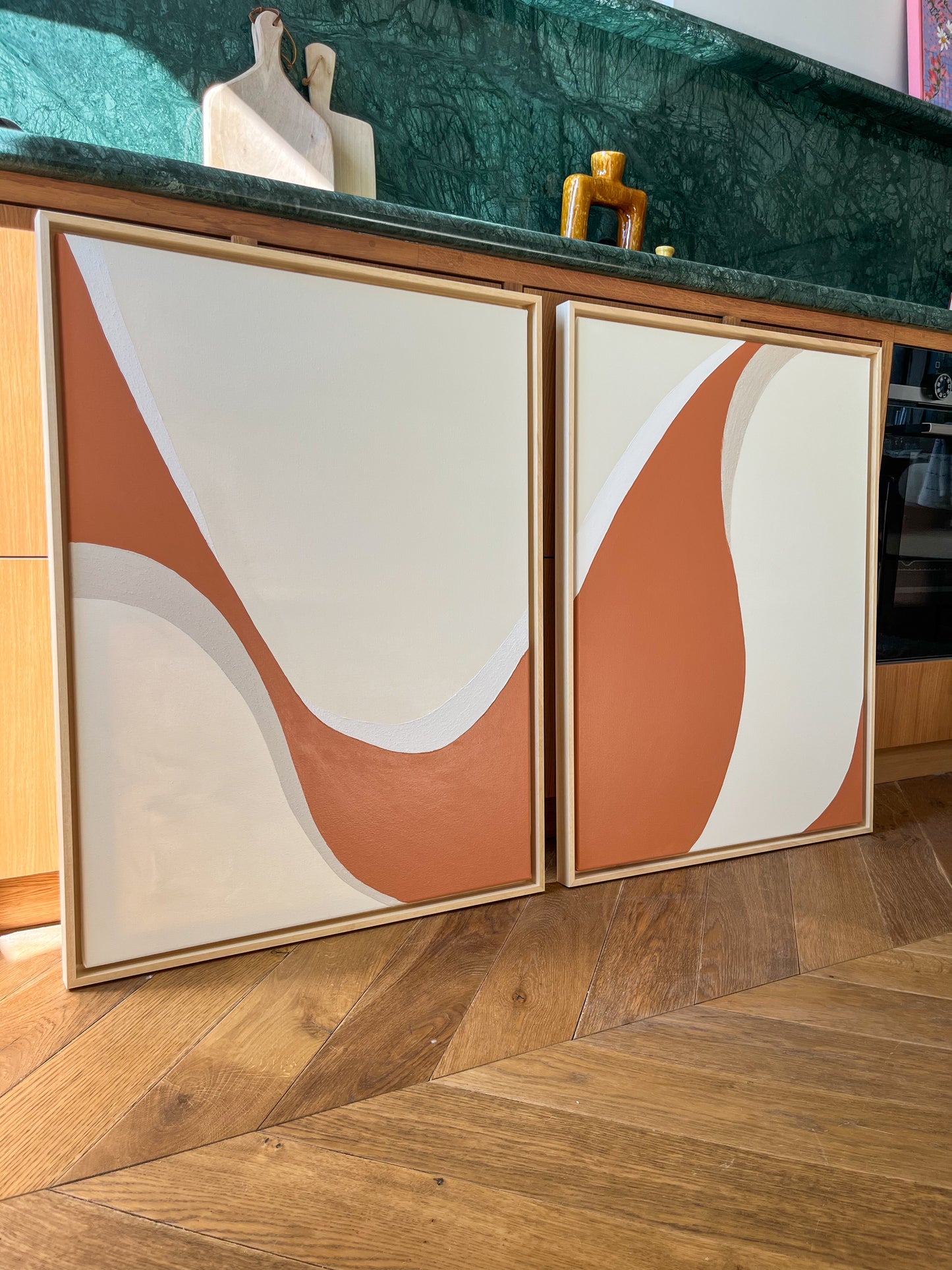DUO ESPELETTE tableaux courbes minimalistes terra cota, crème et beige lin