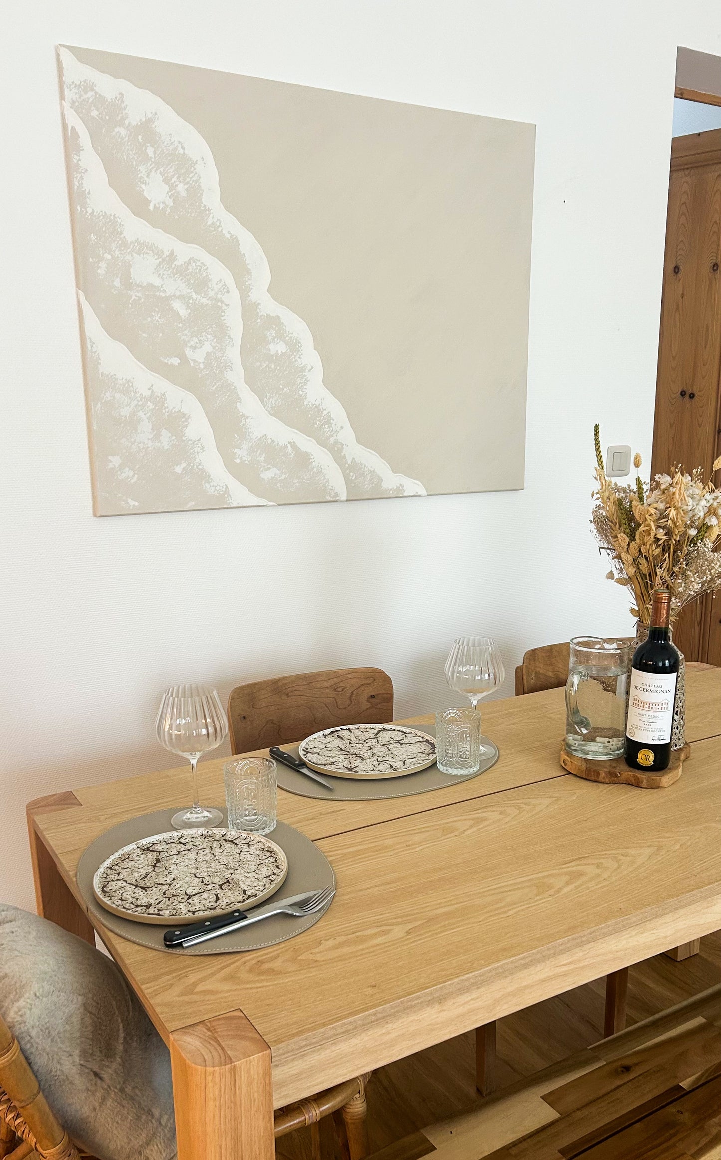 PORTO-VECCHIO beige lin blanc - tableau relief vagues texturé