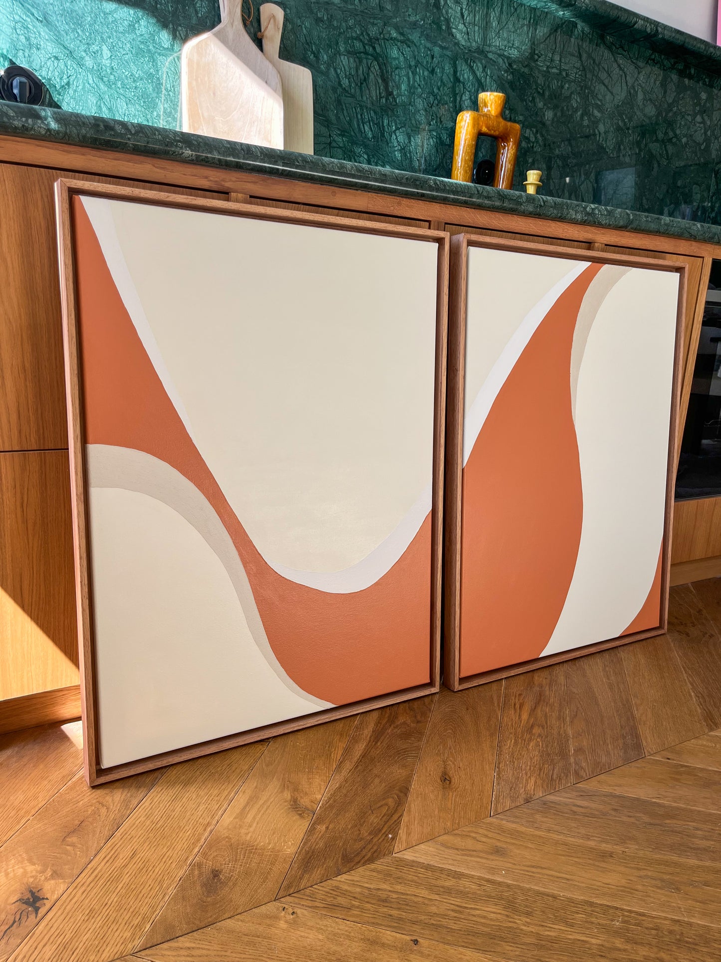 DUO ESPELETTE tableaux courbes minimalistes terra cota, crème et beige lin