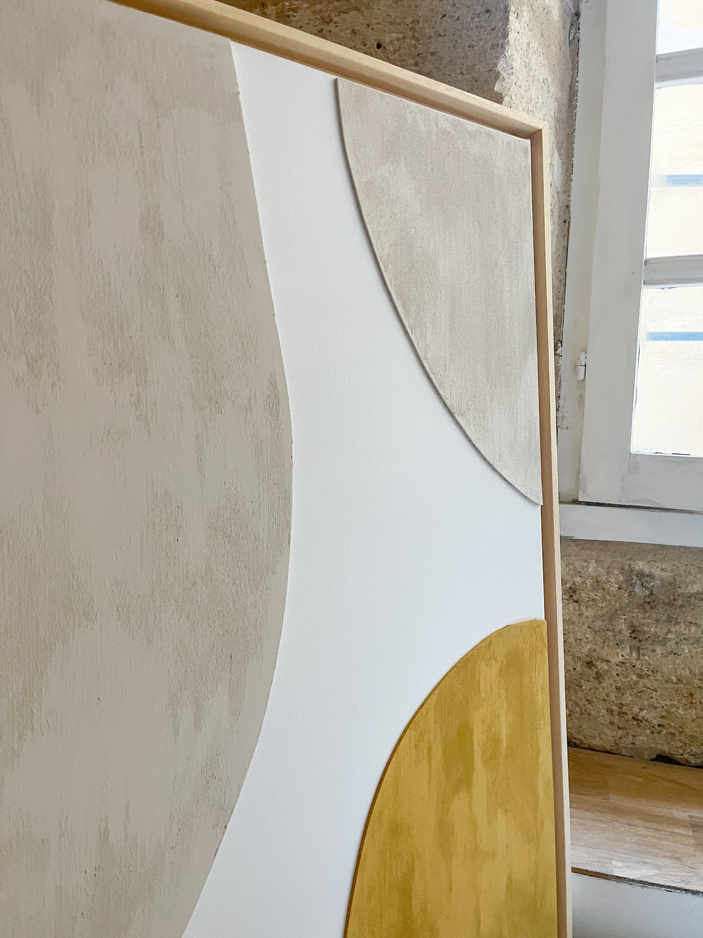 CAPRI - tableau relief minimaliste jaune moutarde, blanc, beige lin