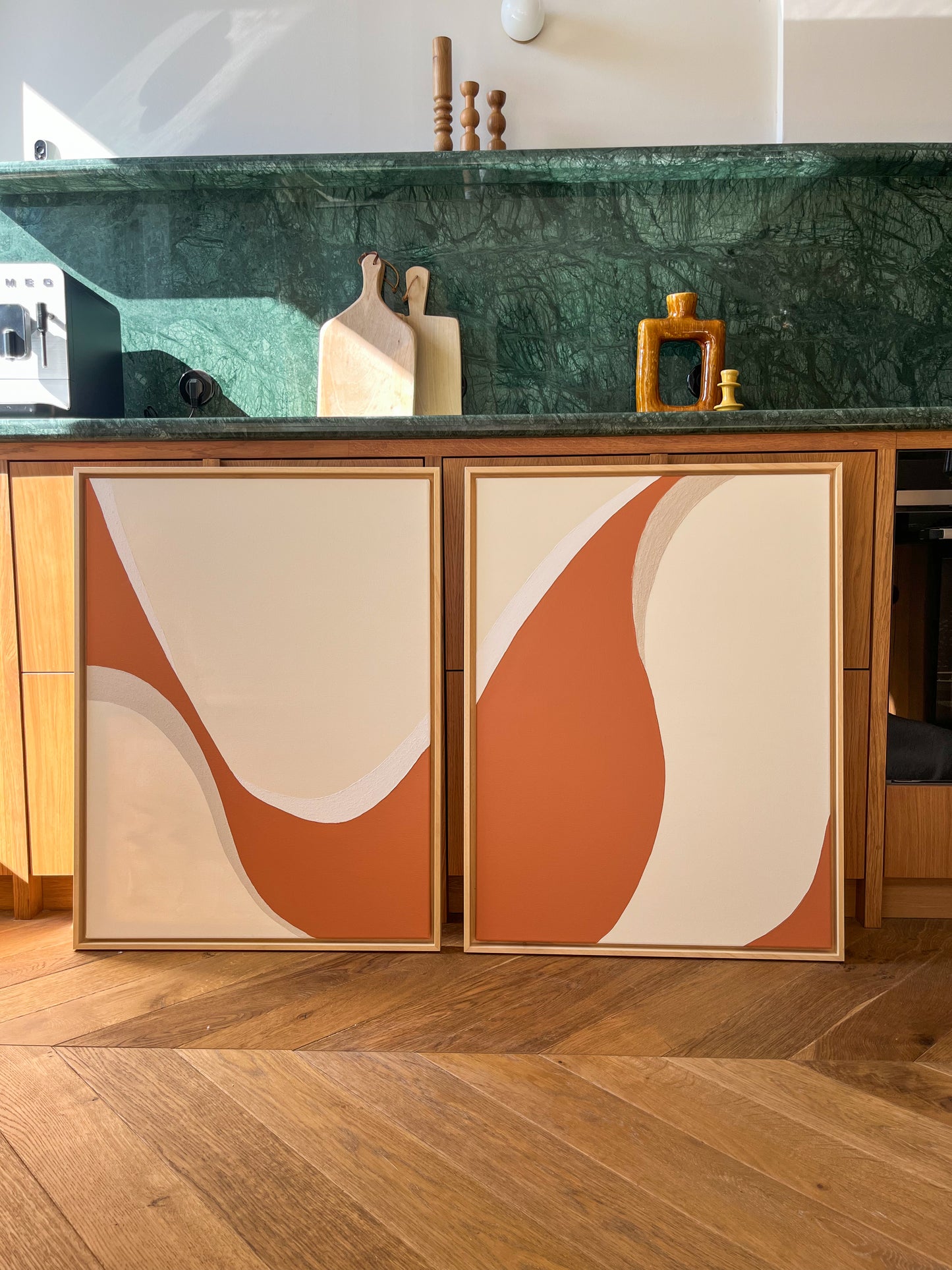 DUO ESPELETTE tableaux courbes minimalistes terra cota, crème et beige lin
