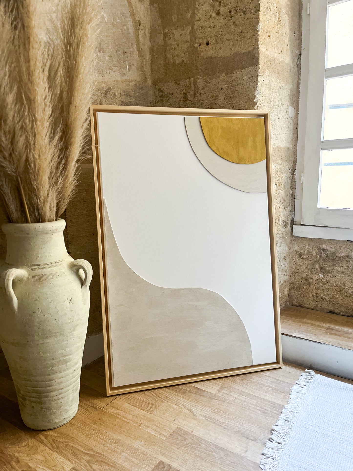 POSITANO - tableau relief minimaliste jaune moutarde, blanc, beige lin