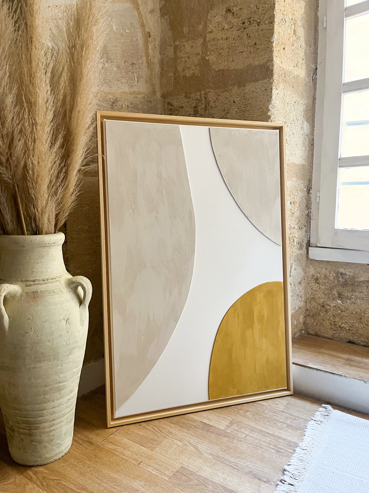 CAPRI - tableau relief minimaliste jaune moutarde, blanc, beige lin