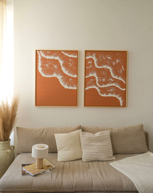 Tableaux texturés en relief vagues terra cota clair - PYLA DUO - décoration minimaliste murale chambre, salon