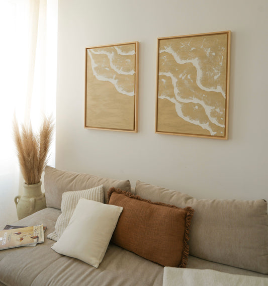 Tableaux texturés en relief vagues beige foncé - MINORQUE DUO - décoration minimaliste murale chambre, salon