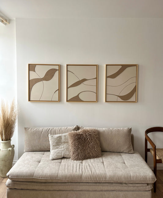 SYDNEY TRIO - collection PREMIUM tableaux en relief taupe et beige lin