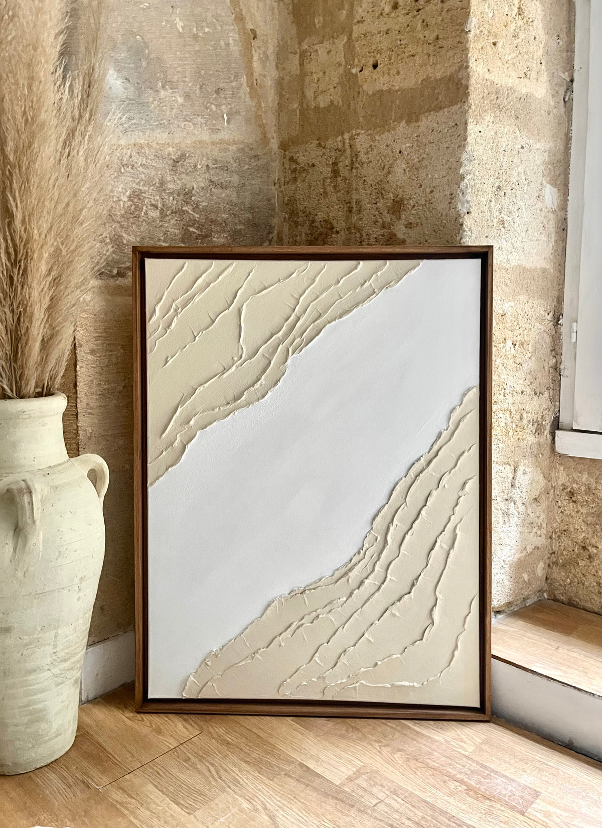 Tableau texturé minimaliste en relief crème et blanc - PORQUEROLLES