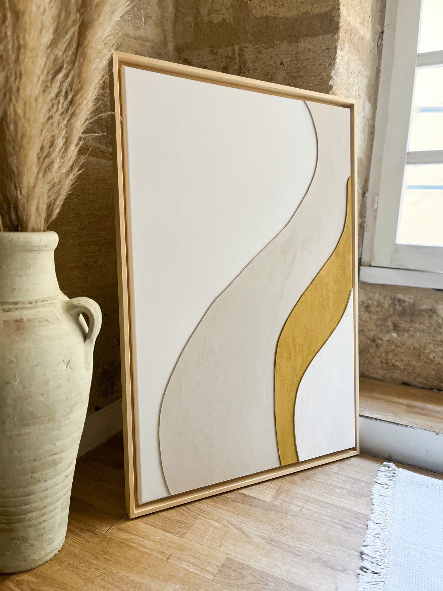 AMALFI - tableau relief minimaliste jaune moutarde, blanc, beige lin