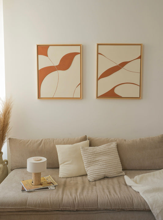 Tableaux texturés crème et terra cota clair – décoration murale minimaliste salon – SYDNEY DUO