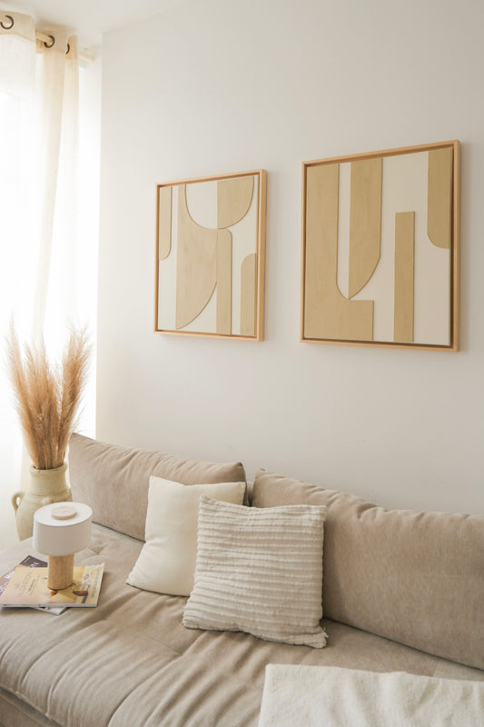 Tableaux texturés en relief design crème et beige foncé - RONDA DUO diptyque - décoration minimaliste murale chambre, salon
