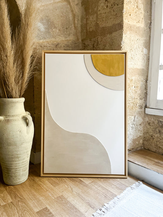 POSITANO - tableau relief minimaliste jaune moutarde, blanc, beige lin