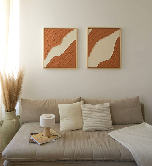 Tableaux texturés en relief beige crème et terra cota clair - ROSAS DUO diptyque - décoration minimaliste murale chambre, salon