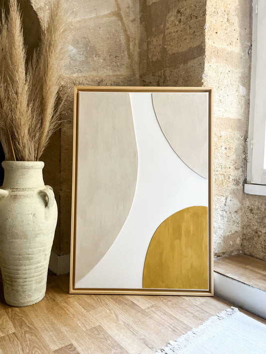 CAPRI - tableau relief minimaliste jaune moutarde, blanc, beige lin