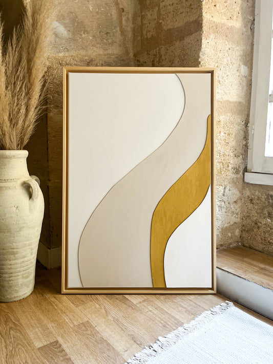 AMALFI - tableau relief minimaliste jaune moutarde, blanc, beige lin