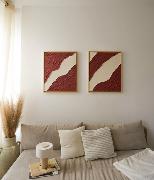 Tableaux texturés en relief beige crème et terra cota - TOLÈDE DUO diptyque - décoration minimaliste murale chambre, salon